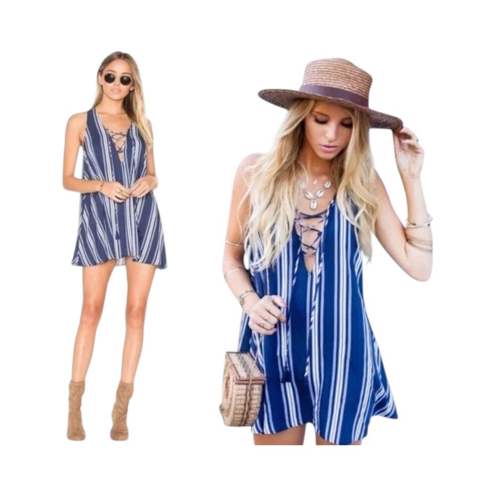 Show Me Your Mumu Rancho Mirage Lace-Up Stripe Tunic Dress Navy Medium